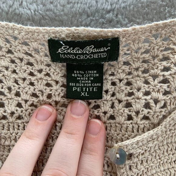 Eddie Bauer Cardigan Women's Petite XL Beige Hand Crocheted 3/4 Sleeve - Picture 3 of 12